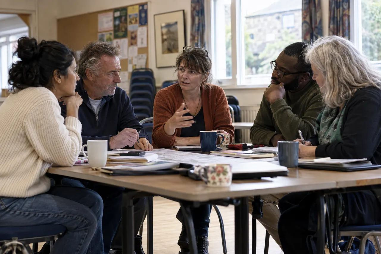 AI-generated image of five neighbours discussing community plans around a table in a community hall.