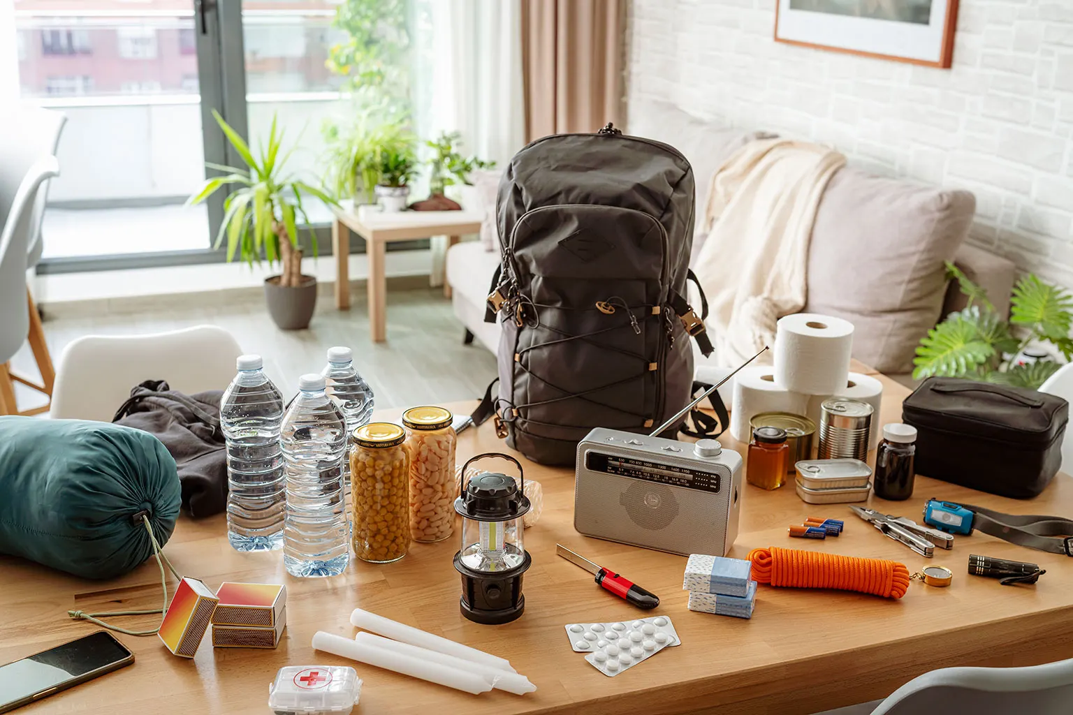 Water, food, a radio, a lantern and other supplies arranged on a table beside a backpack.